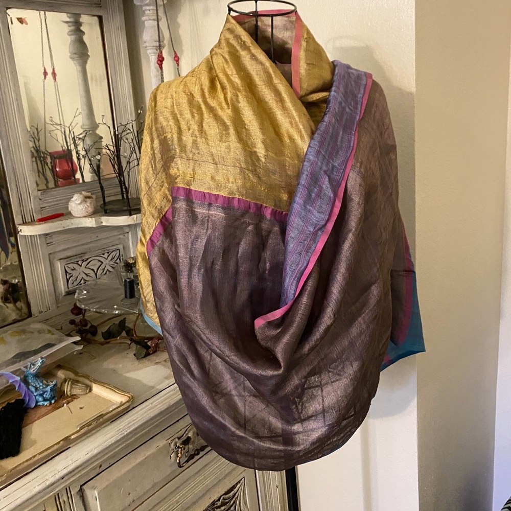 Handwoven Silk Scarf / Wrap in Gold, Purple , Blue & Pink - Picture 3 of 9
